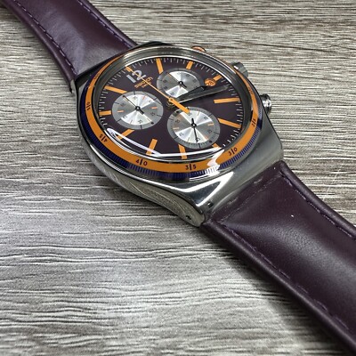 NEW✓ Swatch Irony PRISIONER Chronograph Dark Purple Leather Men's