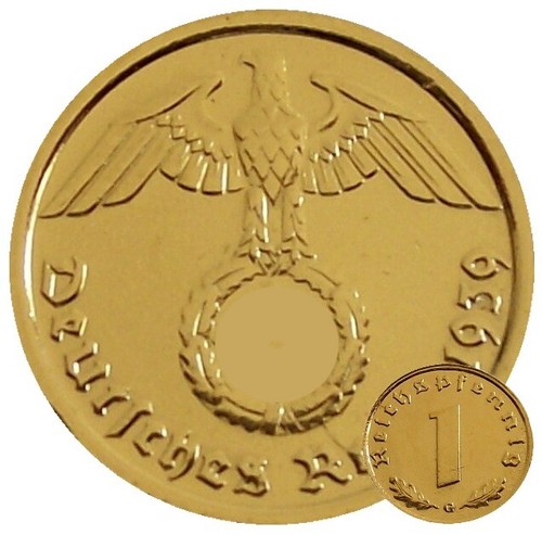 1 Reichspfennig 1939 moneta con HK 24 carati placcata oro Terzo Reich - Foto 1 di 3