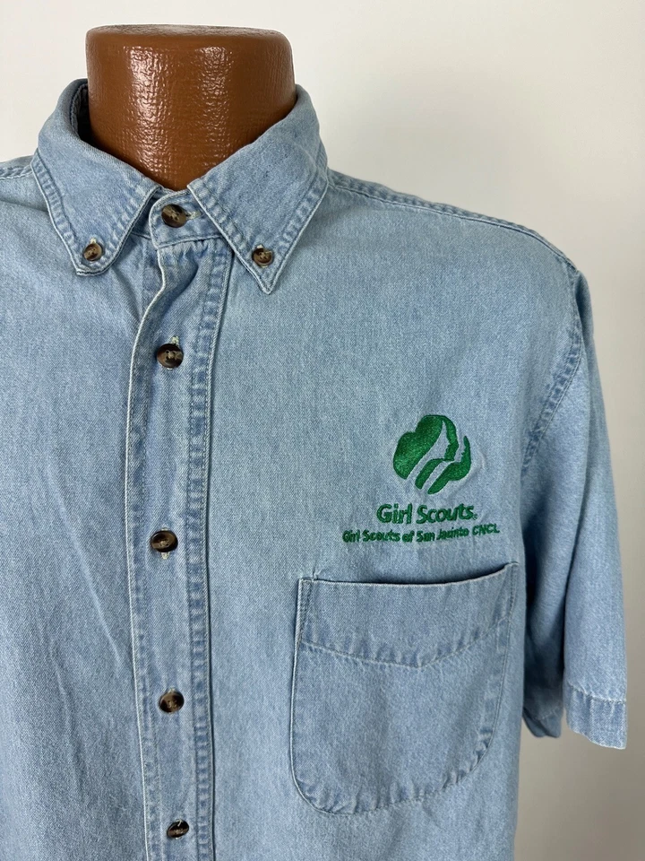 Vintage 90s Girl Scouts Denim Shirt Men L Short Sleeve Button Down San Jacinto - Image 3 of 4