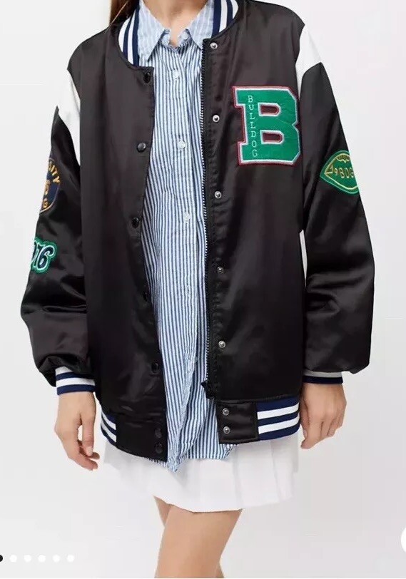 BDG Urban Outfitters Faye Satin Oversized Varsity Jacket-Womens  M-Black-Patches