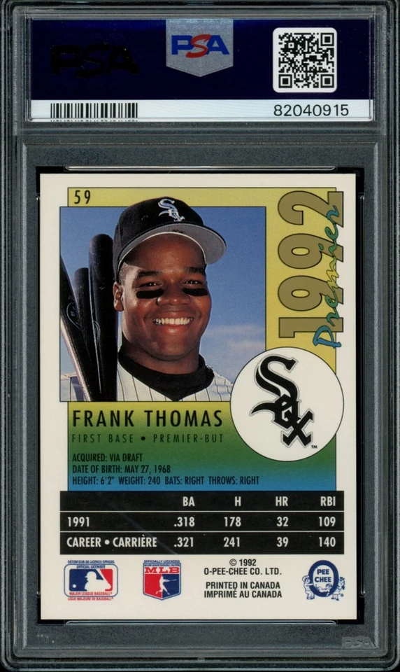 FRANK THOMAS PSA 10 1992 O-Pee-Chee Premier #59 - Image 2 of 2