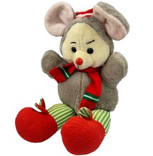 Vintage Christmas Plush Grey Mouse in Winter Hat Scarf Holiday Stuffed Animal