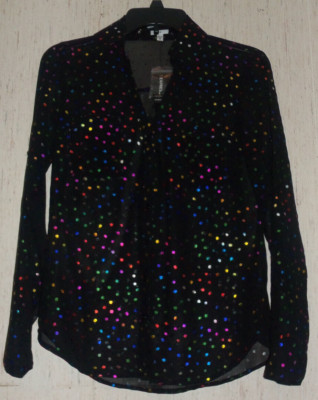 NWT WOMENS $59 EXPRESS BLACK W/ SHINY POLKA DOTS SEMI SHEER BLOUSE  SIZE XS