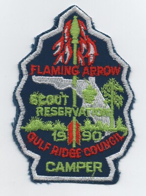 1990 Flaming Arrow Scout Reservation Camper Patch (Gulf Ridge Council), Mint
