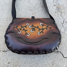 Hand Tooled Brown Leather Purse Floral Hippie Boho Festival Brass