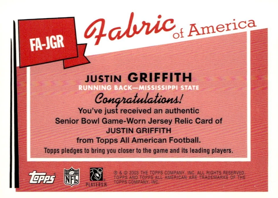 JUSTIN GRIFFITH 2003 TOPPS ALL-AMERICAN SENIOR BOWL GAME-USED JERSEY  - Image 2 of 2