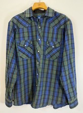 VTG 90s Wrangler Western Flannel Shirt Mens Large Blue Green Plaid Pearl Snap