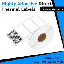 1Roll 1300 Labels 2x1 Direct Thermal for Zebra LP 2824 2844 2442 Eltron ZP450
