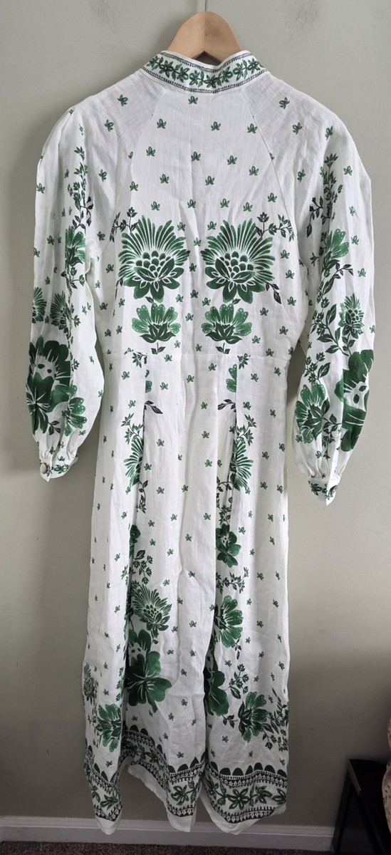 magaschoni green linen dress Nwt Magaschoni Floral Forest Soul Green White 100% Linen Maxi Shirt Dress  S/P