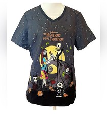Rare Disney Nightmare before Christmas Halloween scrub top jack Sally pocket M