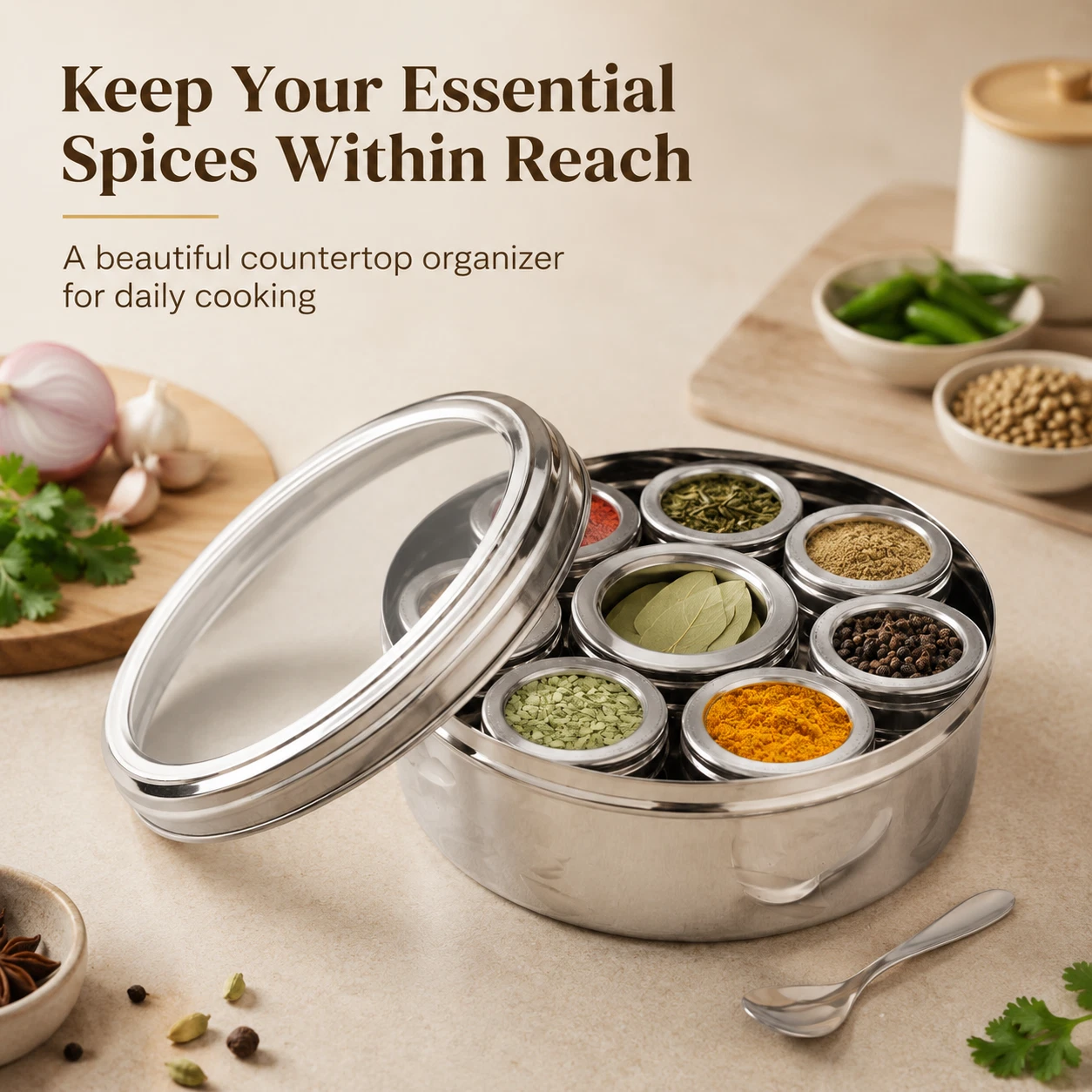 Masala Dabba Spice Box, Stainless Steel Indian Spice Tin with Clear View Lid