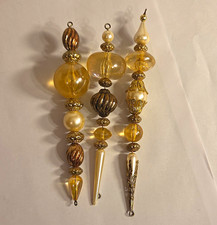 Set of 3 Gold Ivory Beaded Icicle Drop Hanging Ornaments Christmas