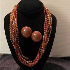 Elegant Brown Mix Beaded Necklace and Clip-on Earring Set