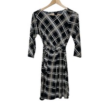 Ann Taylor black tan plaid 3/4 sleeve belted dress size medium petite MP B147