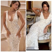 HOUSE OF CB CARENA CREME PLUNGE FLORAL APPLIQU  MAXI DRESS size S NWOT