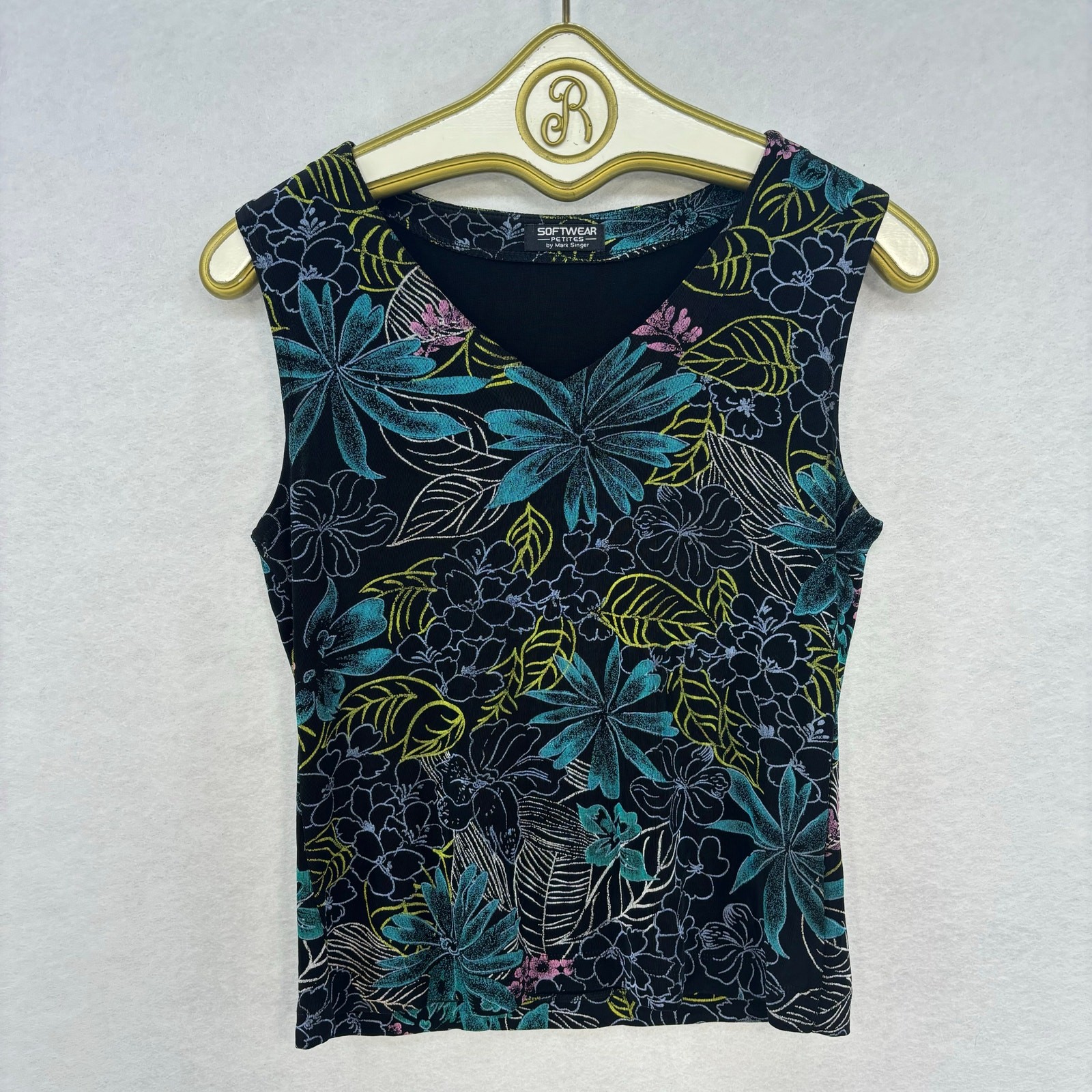 Vintage Boho Floral Black V Neck Sleeveless Blouse for Women Medium Petite