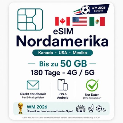 Nordamerika eSIM WM 2026 (Mexiko, Kanada, USA) Datentarif digitale e SIM - pe...