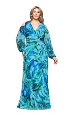 NWT Xscape 16W Blue Green Cold Shoulder Pleated Maxi Dress Formal Evening $279