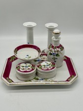 Vntg. Porcelain Vanity Set With Candle Holders Jars Tray Florals Gold Accents