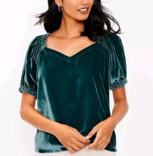 Ann Taylor Loft Damen XL Oberteil Grün Samt Pullover Puffärmel Herzausschnitt    - Bild 1 von 7