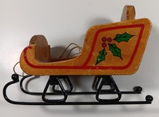 Wood Sleigh Christmas Ornament 4 Inch Vintage Made in Taiwan Wooden Holly 
