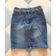 Vintage Route 66 Stretch Fit Denim Skirt, Y2K Embroidered Belt Jean Skirt Size 8