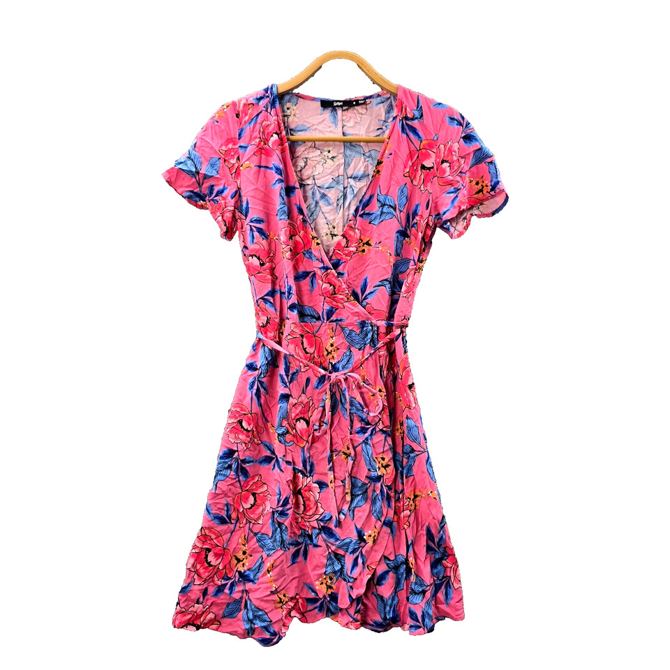 Sportsgirl Womens A-line Wrap Dress Size 6 Pink Blue Floral Short Sleeve V-Neck