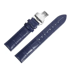 Leather Band Deployment Buckle Watch Strap 19mm Leather Strap, Blue/Silver