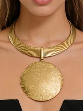 Yellow Gold Oversized Hammered Round Pendant Necklace One Size