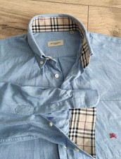 Burberry London Mens Twill Cotton Blue Shirt Nova Check Trim Made In Spain M