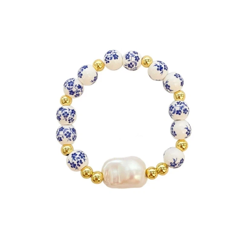 Pulsera elástica de perlas barrocas de imitación azul blanco porcelana con cuentas joyería Foto 2 de 4
