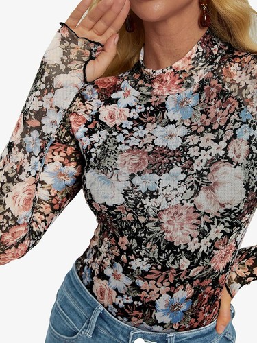 Floral Mesh Mockneck Long Sleeve Shirts for Women with Thumb Hole Fall Outfits - Picture 12 of 18