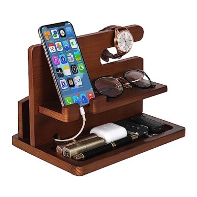 Wood Phone Docking Station Gifts for Men Bedside Organizer Charger Holder 