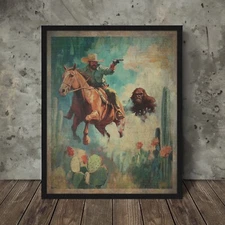 SASQUATCH COWBOY Western Wall Art, Retro Bigfoot Gun Poster, Cryptid Horse Print