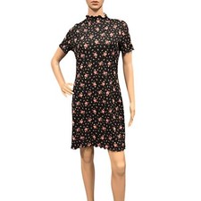 GOOD LUCK GEM Mock Neck Ribbed Mini Sheath Dress BLACK Floral Sz L