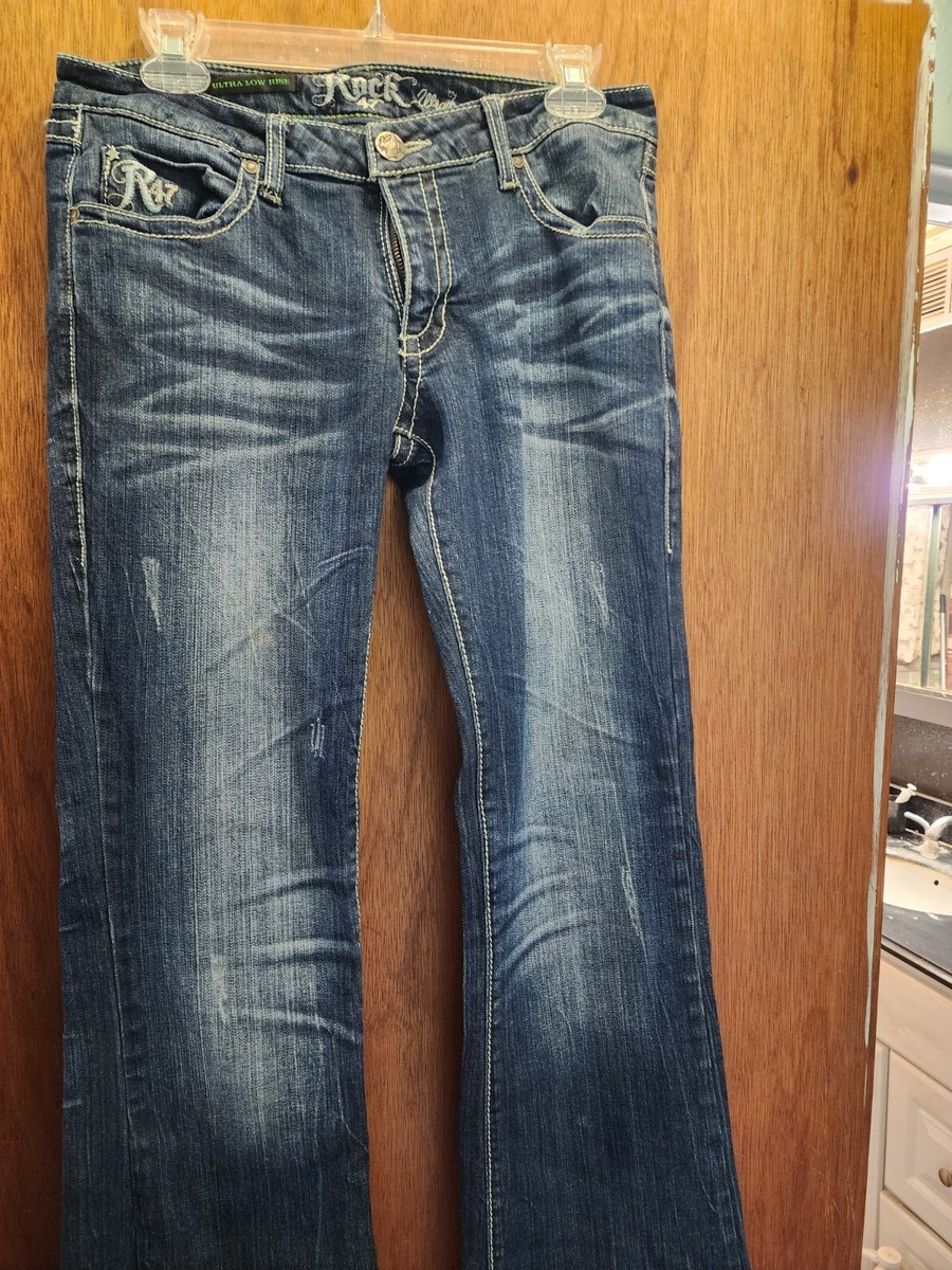 Rock 47 Wrangler Jeans Women Blue Ultra Low Western Bootcut Distressed  Bling