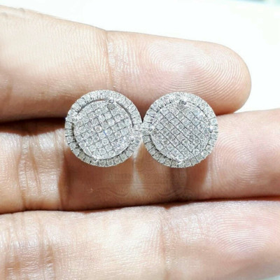 Men Womens Real Moissanite Cluster Stud Earrings In 14k White Gold Plated Silver