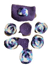 purple white & blue crochet coasters with holder made in USA