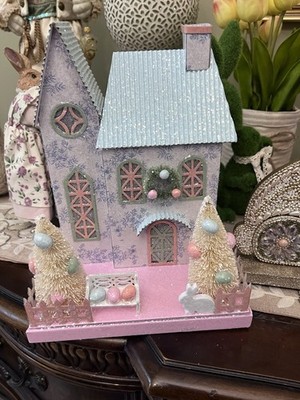 NEW PIER 1 PUTZ EASTER LIGHTED HOUSE COTTAGE RABBITS EGGS LIGHTS UP w/ TIMER!