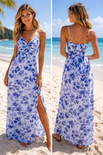 No Boundaries Babydoll Maxi Dress Womens Small Blue Floral Party Wedding Formal