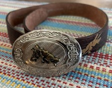 Nocona Boys Oval Buckle Bull Rider Tooled Brown Kids Leather Belt Size 22 GUC