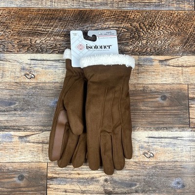 Isotoner Women's S/M Brown White Touchscreen Faux Leather Trim Fashion Gloves