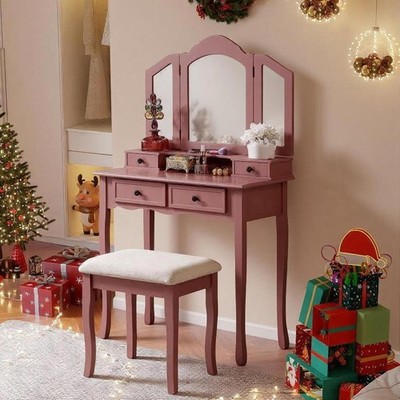 Sanlo Wooden Vanity Desk with Mirror, Makeup Vanity w/ 4 Drawers and Stool