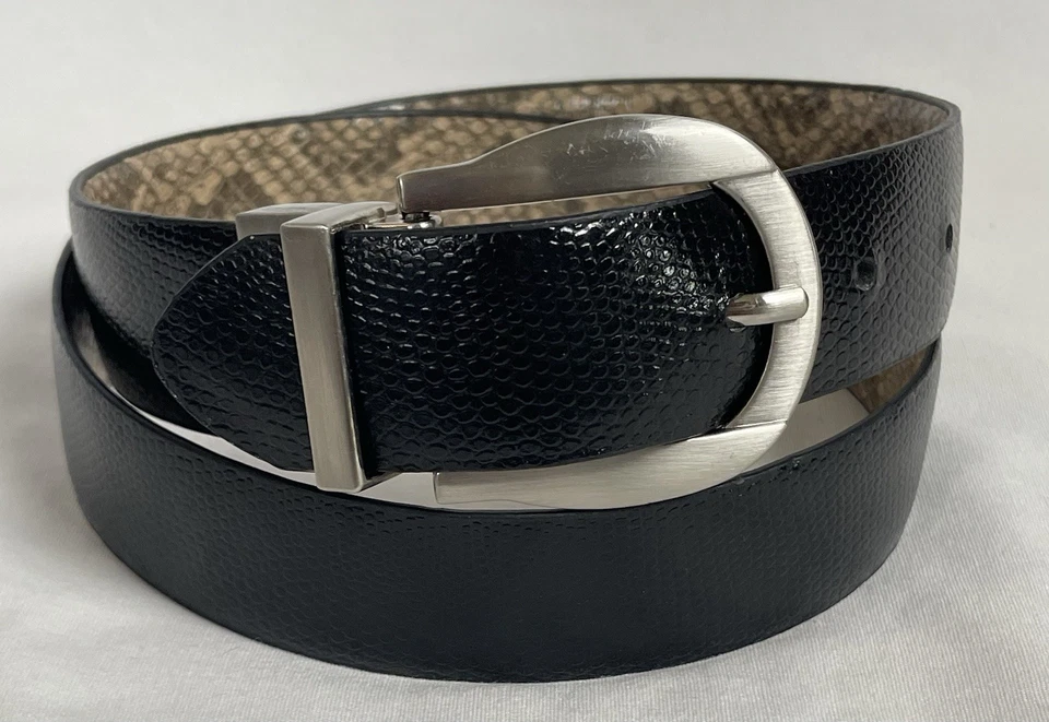 Cinturón Reversible Estampado Pitón Mujer’s M Beige Imitación Cuero Hebilla Plateada Moderno Foto 2 de 4