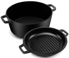 KICHLY 2-in-1 Cast Iron Dutch Oven with Lid - 4.7L Griddle Pan for Cooking