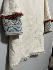 Zara Basic Women's Fringe Trim Embroidered Cuffs Jacket Ivory Multicolor XS