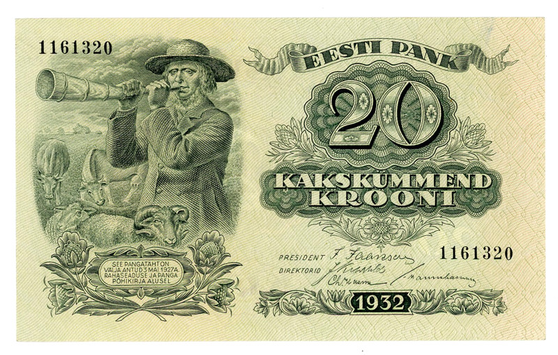 Estonia🇪🇪 P-64a ... 20 Krooni ... 1932 ... *UNC*🧡