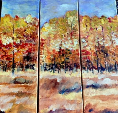 Malerei auf leinwand, Bäume, 20x60cm, Gelb, Blau, 3 Panels, Acryl Medium, Neu