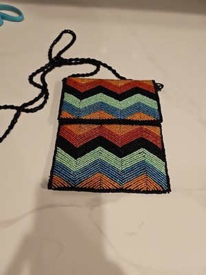 Beaded Chevron Pattern Purse With Beaded Strap  7.5x6'' Strap 22 ''