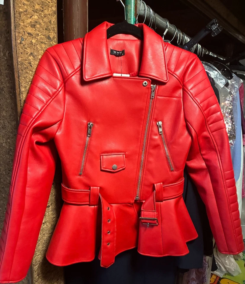 Pleather Biker Jacket Red Peplum Zipper sz S City Rebel Chic Urban Edgy $450 - Image 2 of 4